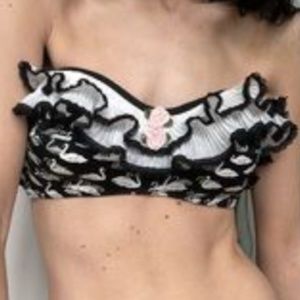 Betsey Johnson Swan Lake Black & White Ruffle Halter Bandeau Bikini Top Sz L